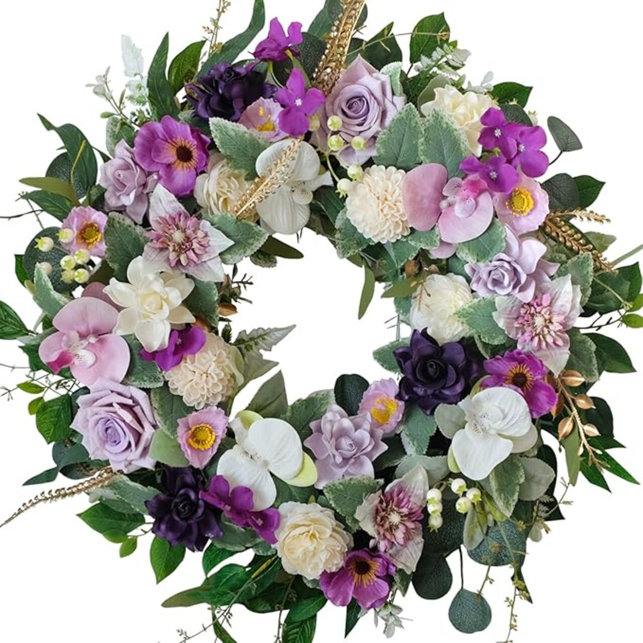 22" Artificial Flower Wreath Spring/Summer Floral Wreaths for Front Door with Roses Orchid Gardenia Dahlia Full and Elegant Decor for Inside Outside Wall Window Festival Party Wedding (White Purple)